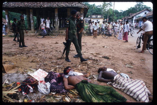 Bodies of JVP followers killed by the PRRA lie on the ground